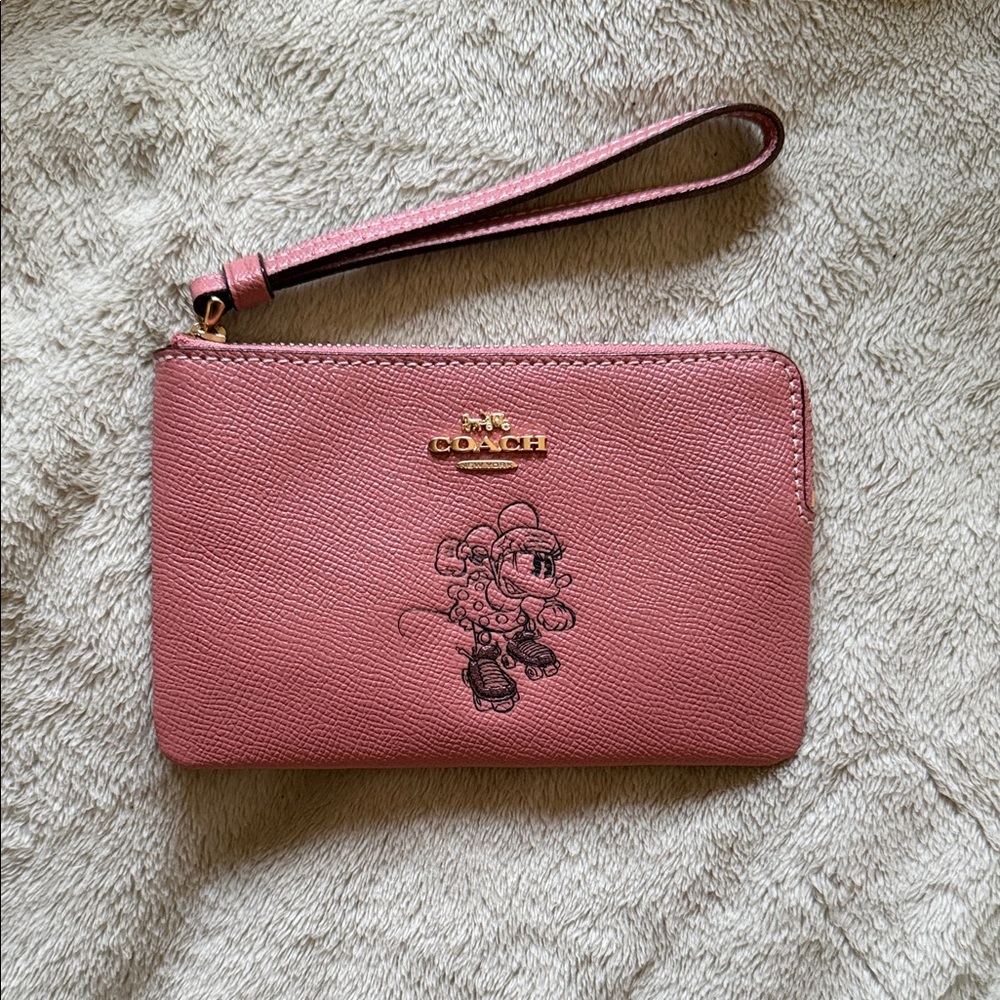Coach Pink Leather Wristlet with Disney Character Minnie Mouse
